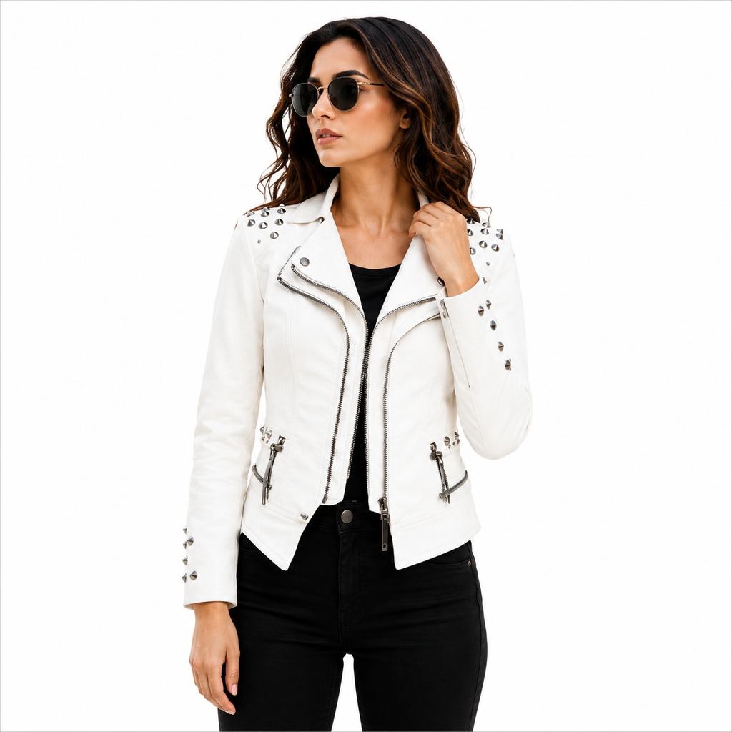 Women's Studded White Leather Biker Jacket