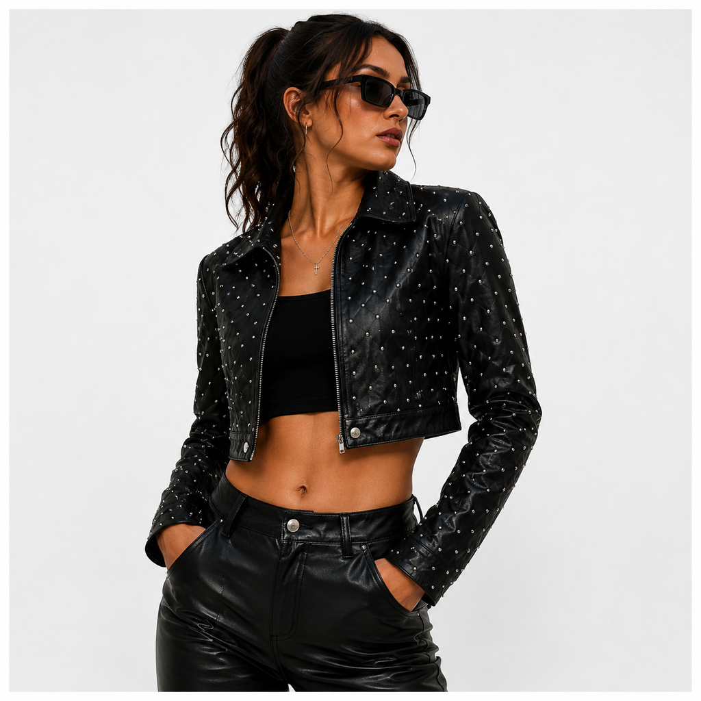Women's Cropped Studded Leather Biker Jacket.