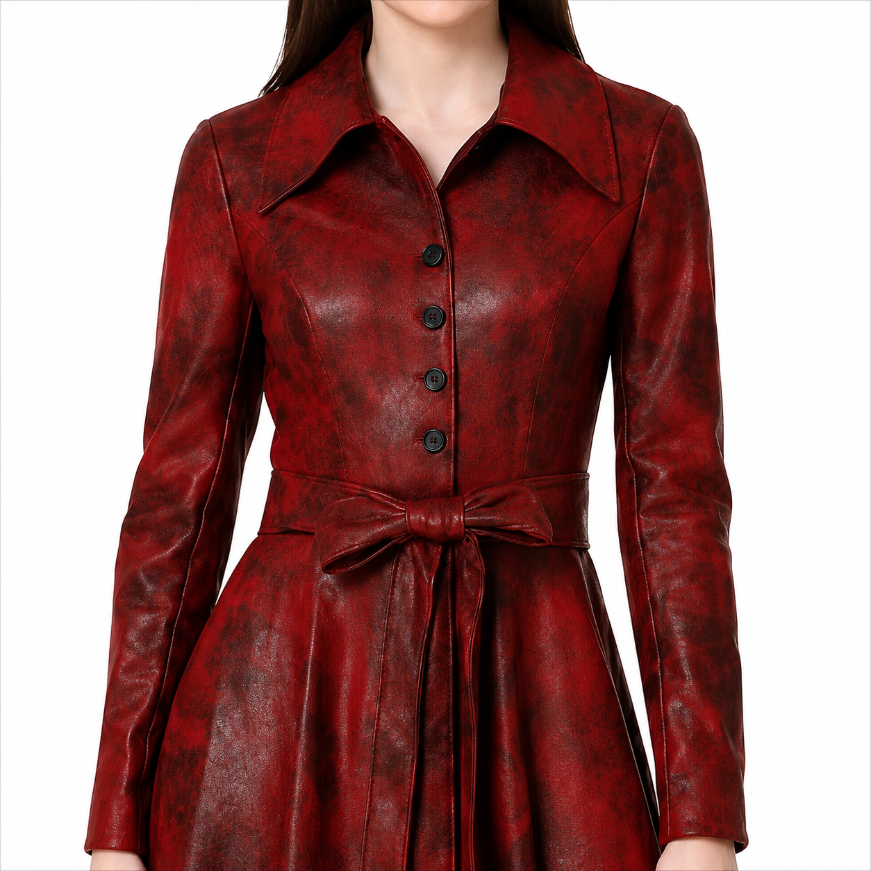 Belt and Button Detail on Distressed Red Leather Coat