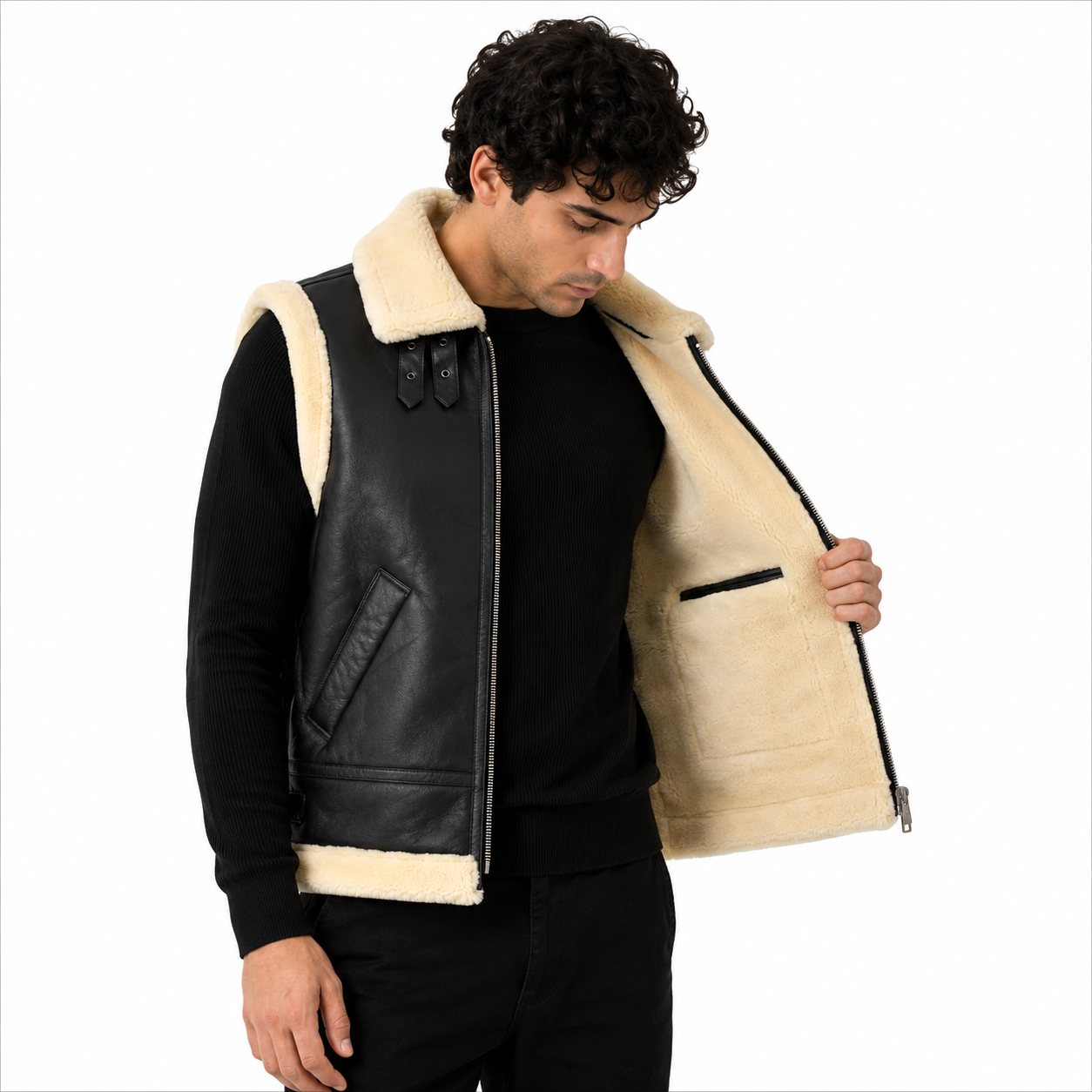 Men's Black Shearling Leather Aviator Vest