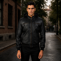 Men's Black Leather Hooded Bomber Jacket