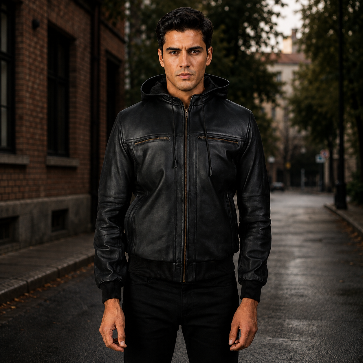 Men's Black Leather Hooded Bomber Jacket