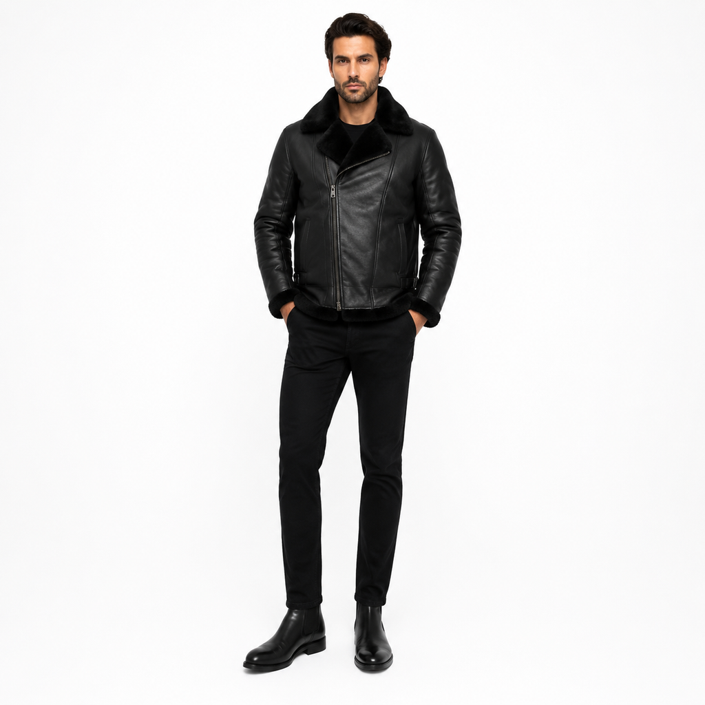 Men's Black Faux Shearling Aviator Biker Jacket