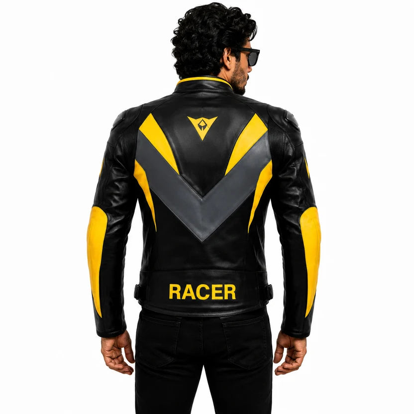 black and yellow leather racer jacket