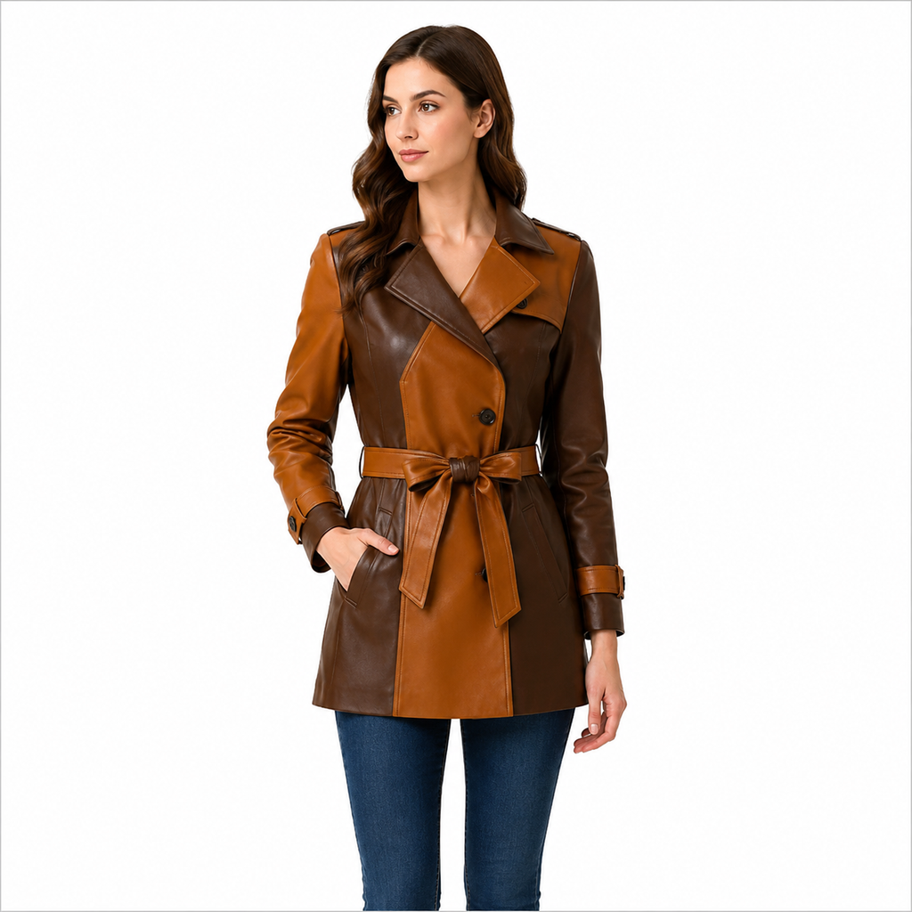 Women's Brown Tan Color Block Belted Genuine Leather Trench Coat 