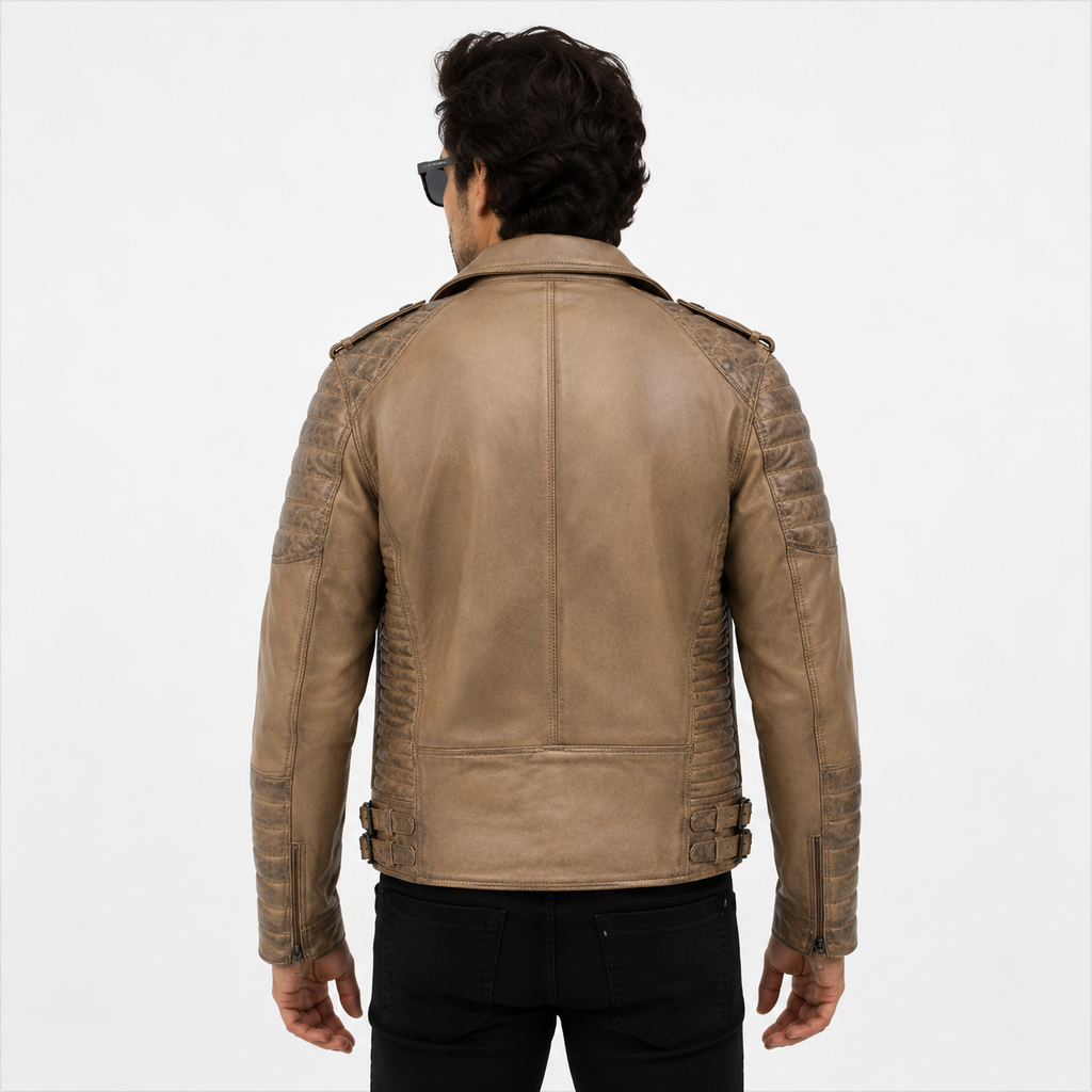 Men's Distressed Beige Taupe Asymmetric Leather Biker Jacket