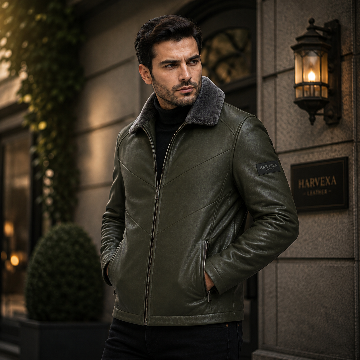 Men's olive green leather jacket