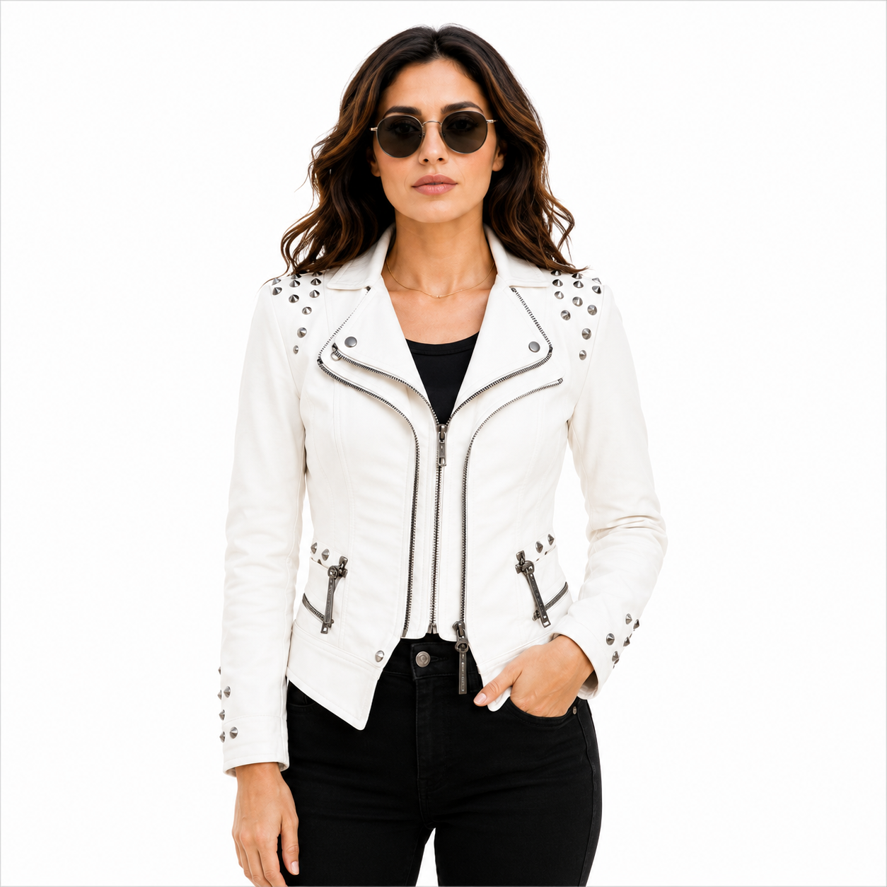 Women's Studded White Leather Biker Jacket
