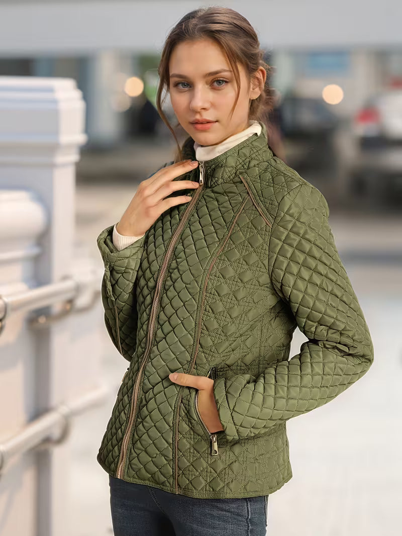 Women's Olive Green Quilted Jacket Casual Outfit