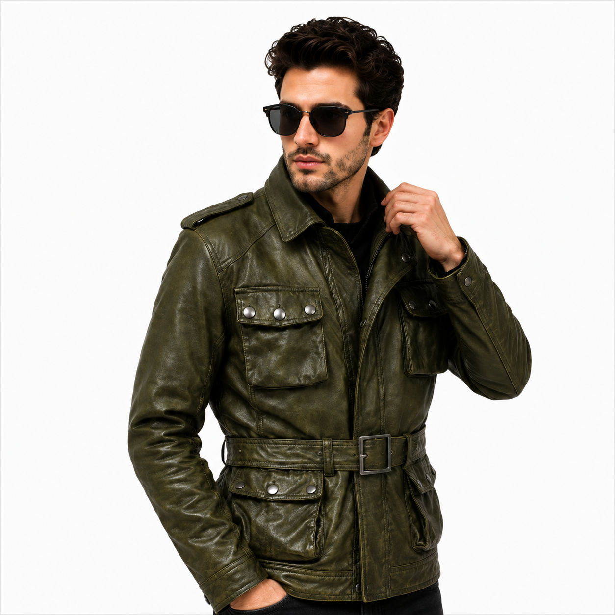 Men's Olive Green Military Safari Leather Field Jacket.