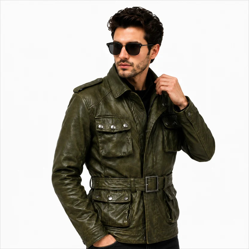 olive green leather biker jacket