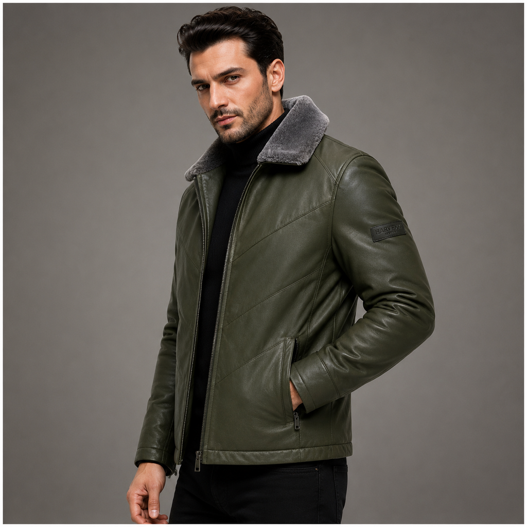 Men's olive green leather jacket