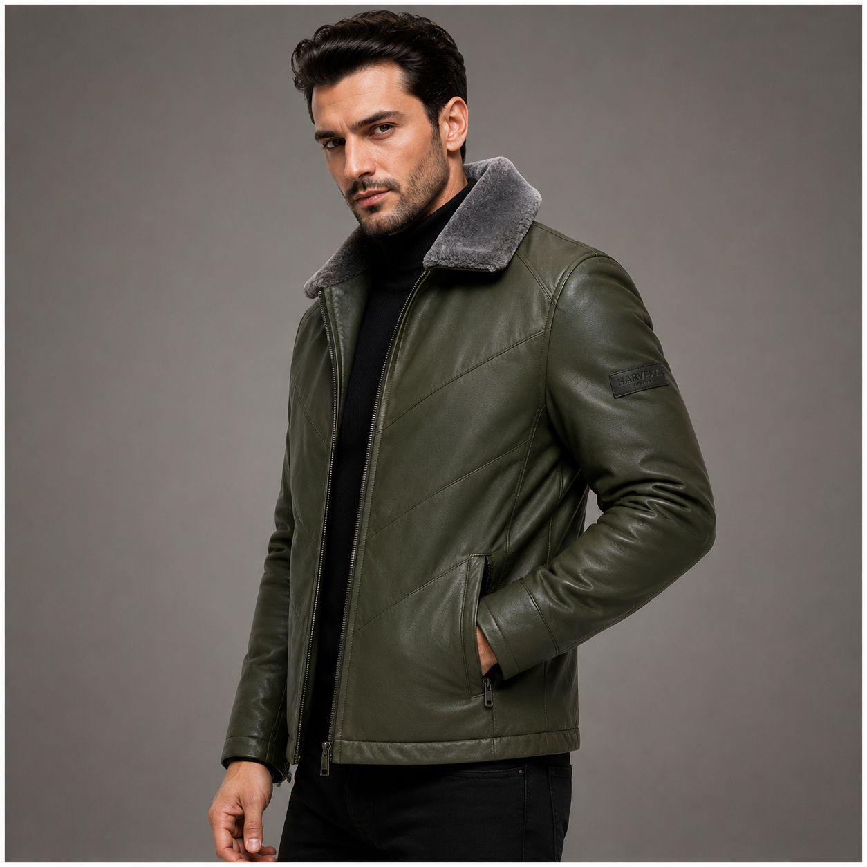 Men's olive green leather jacket