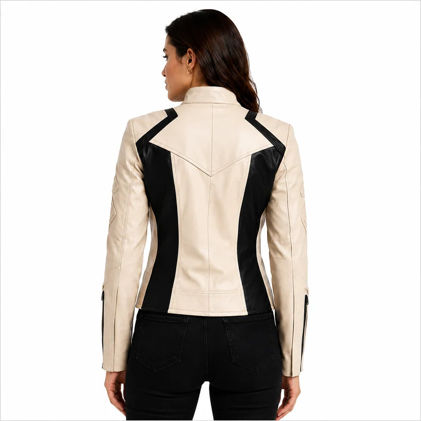 Women's Cream Black Panel Leather Biker Jacket