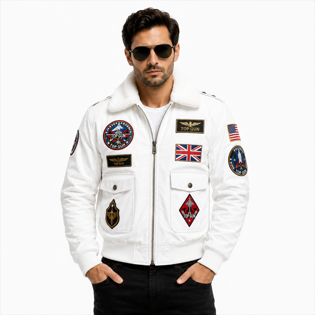 Men's White Top Gun Flight Bomber Leather Jacket with Faux Fur Collar