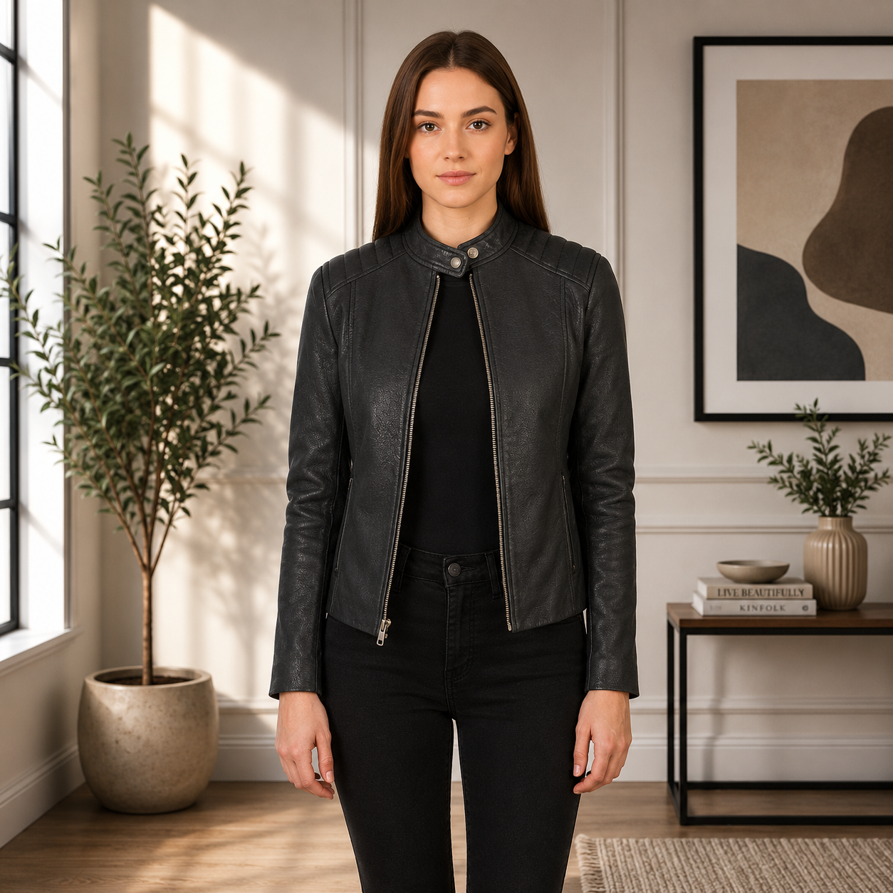 Kelsee Distressed Black Leather Biker Jacket
