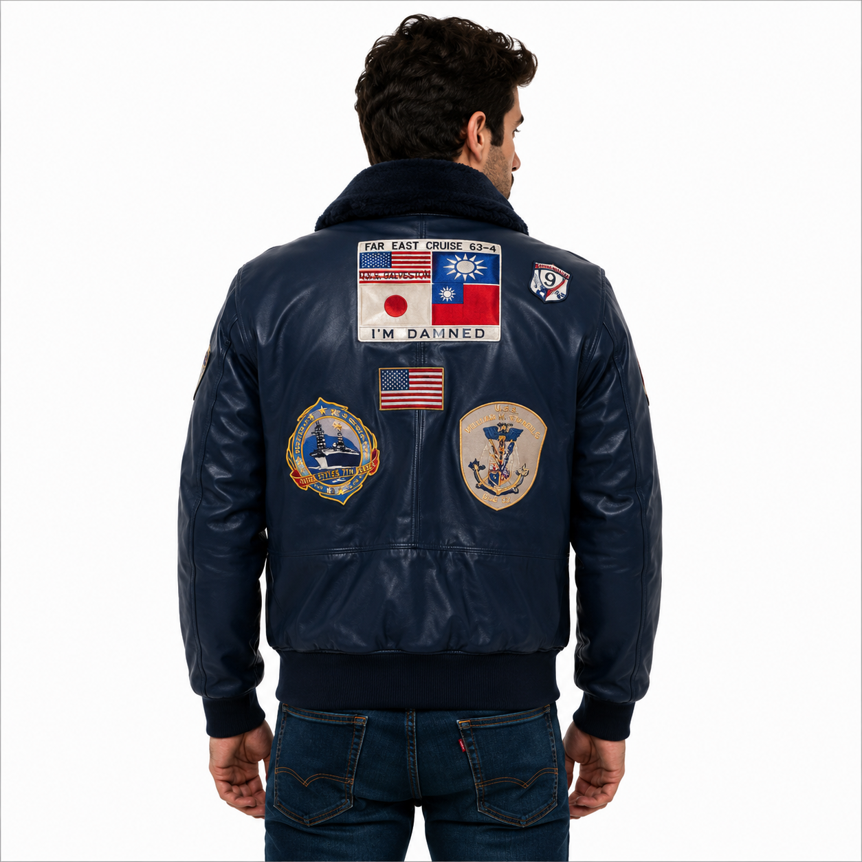 Men's Navy Blue Aviator Leather Jacket with