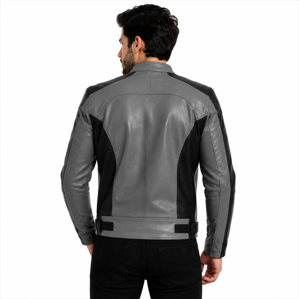 Men's Grey & Black Genuine Leather Biker Jacket
