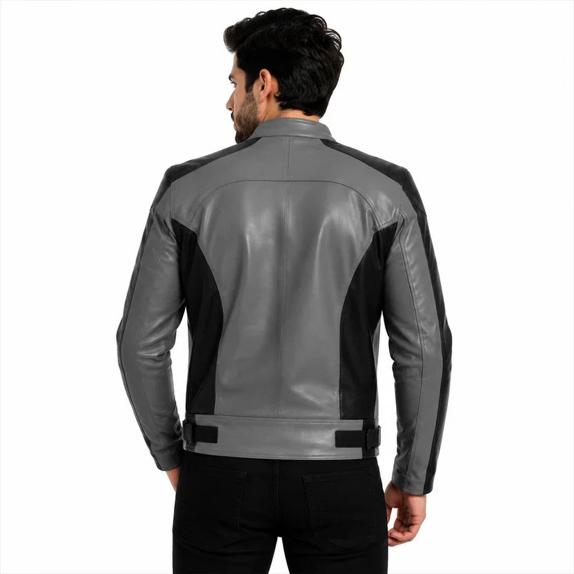 Men's White and Black Genuine Leather Biker Jacket