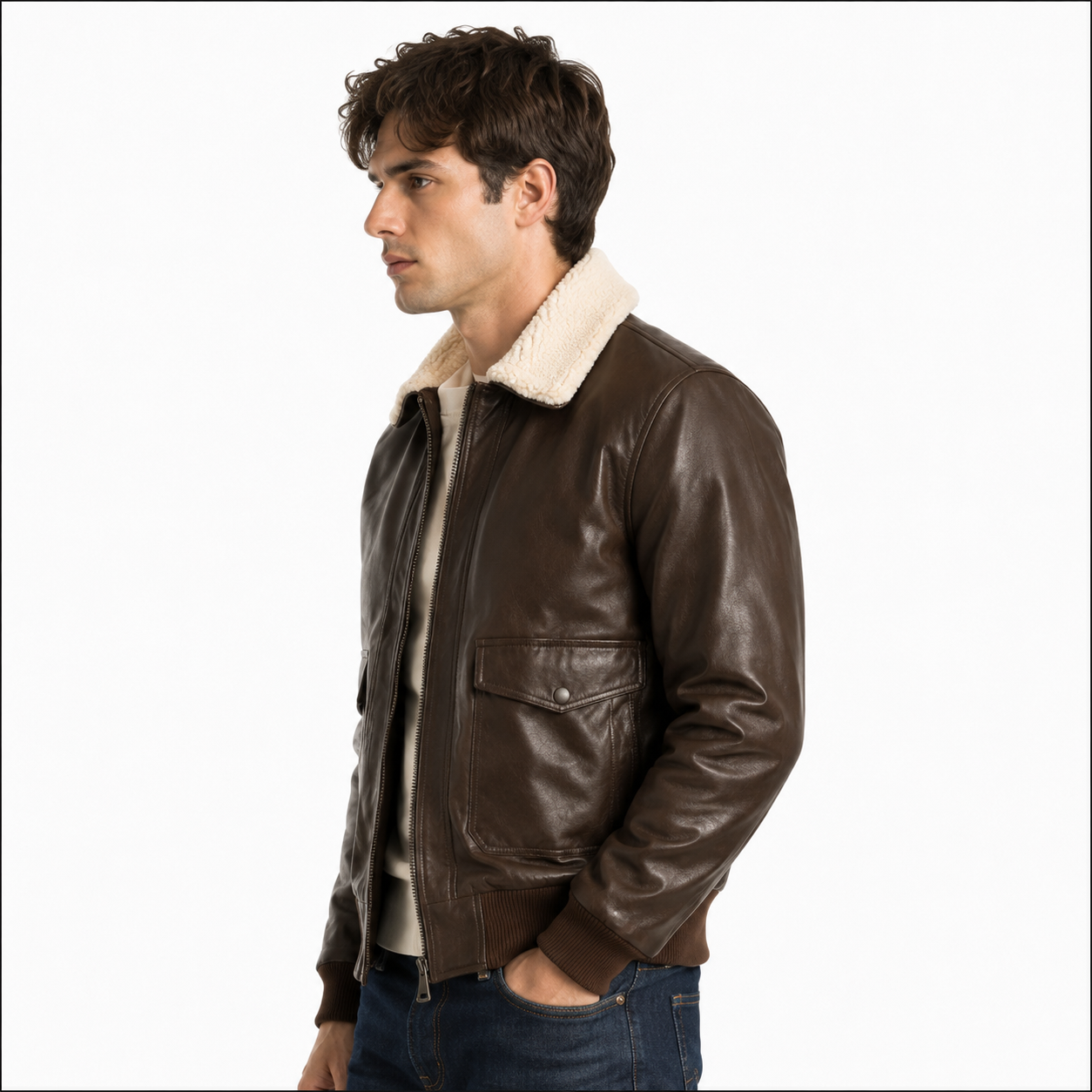 Mens Pilot Brown Bomber Shearling Leather Jacket