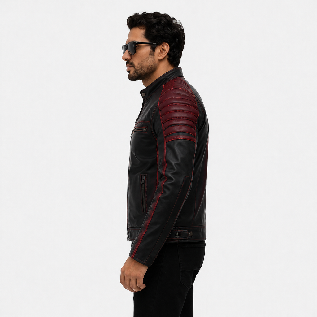 Men's Black & Maroon Racer Leather Biker Jacket