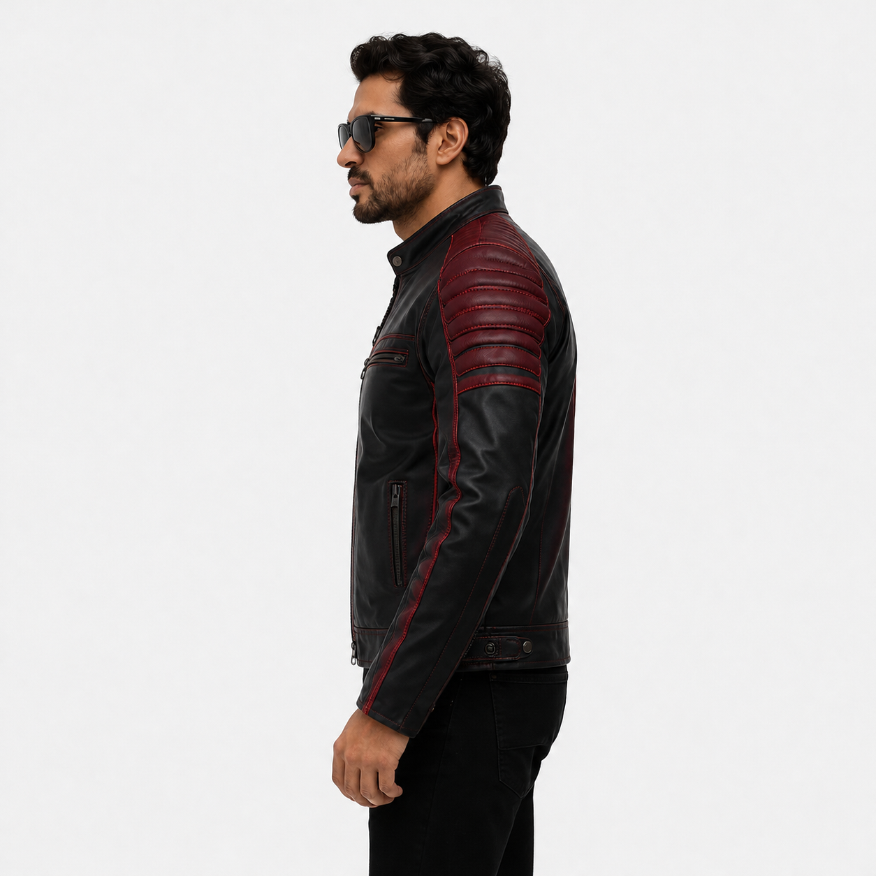 Men's Black & Maroon Racer Leather Biker Jacket