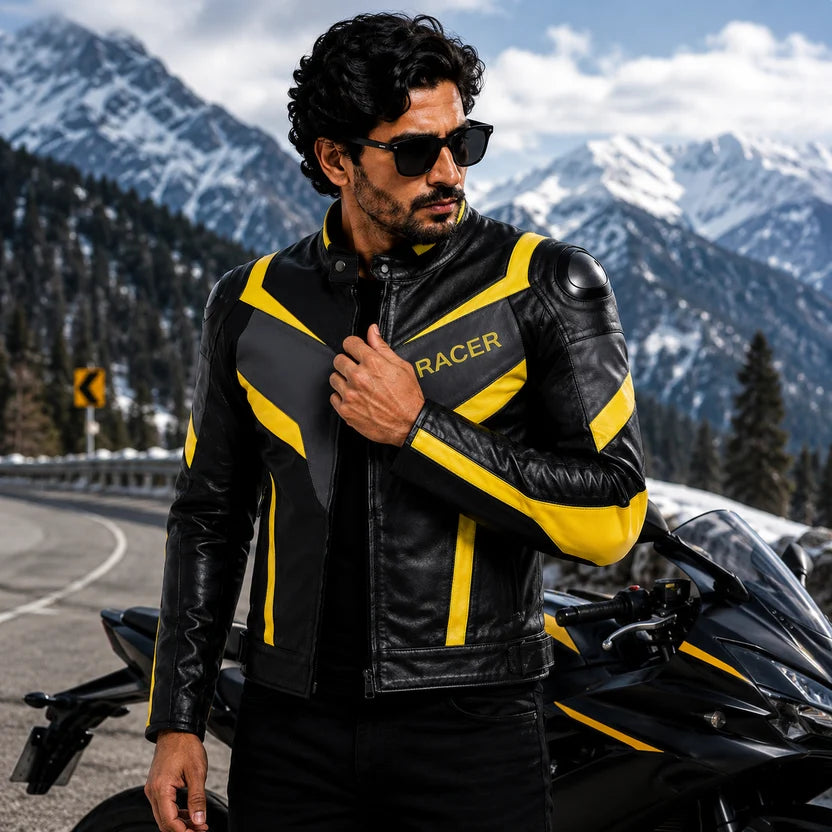 Men's Black and Yellow Racer Leather Jacket