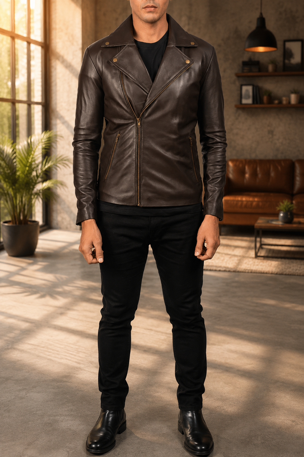 Dark Brown Asymmetric Biker Leather Jacket