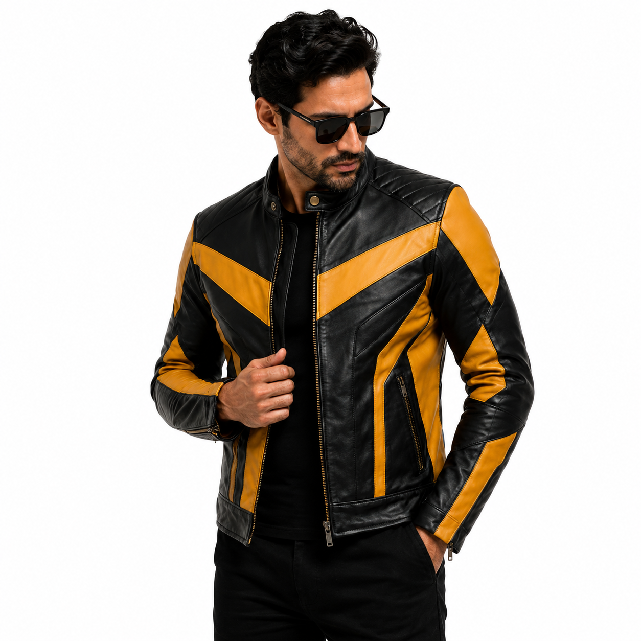 Men's Black & Mustard Yellow Racer Leather Jacket