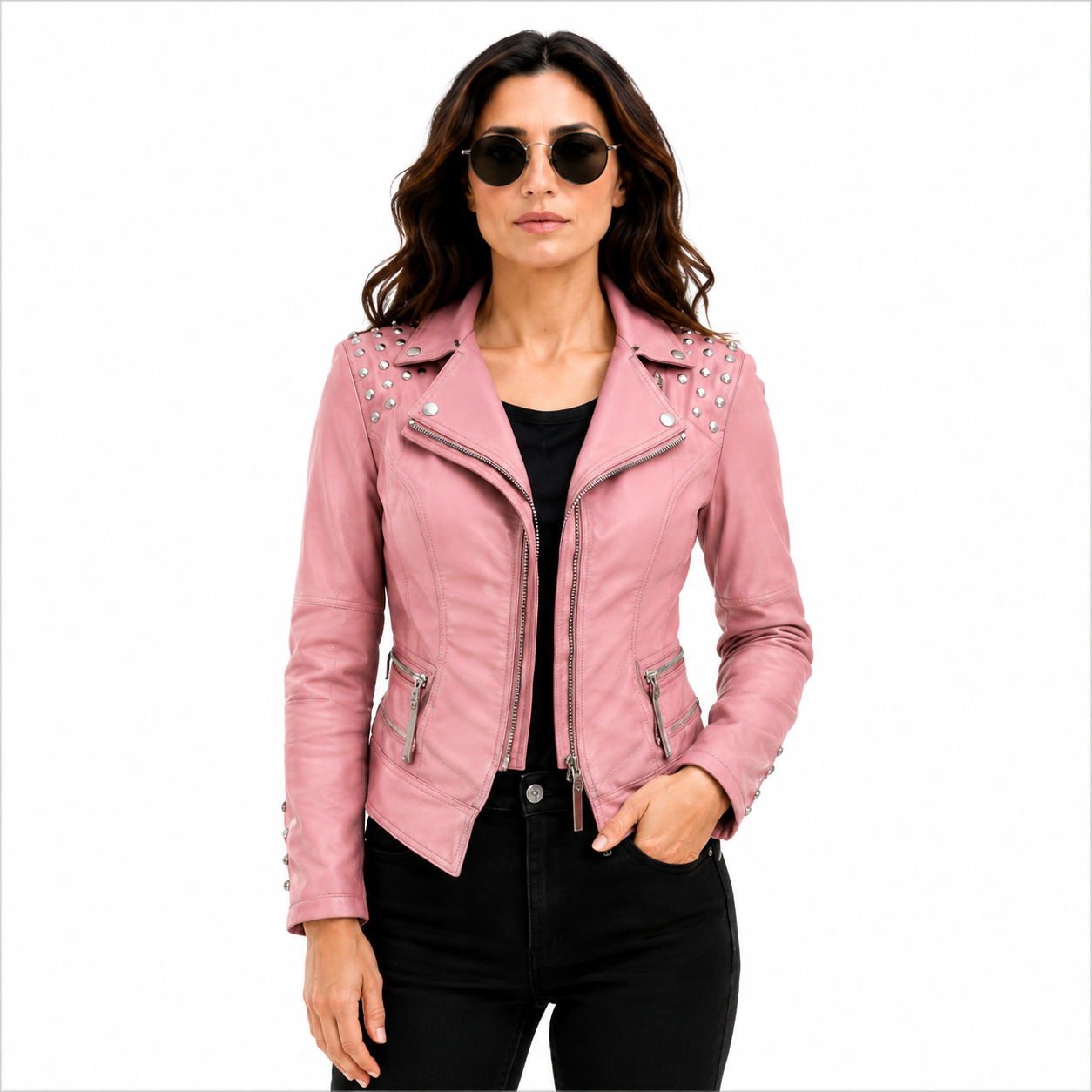 Women's Studded Pink Leather Biker Jacket