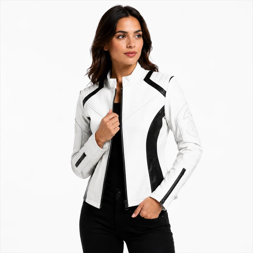 Women's White Black Panel Leather Moto Jacket