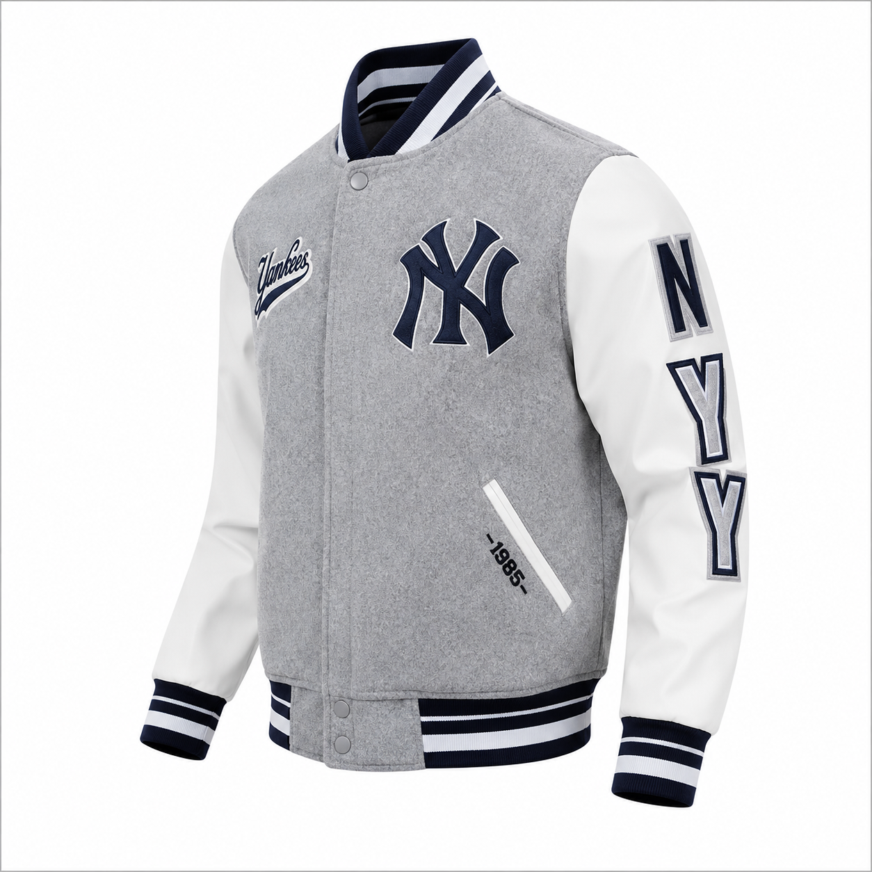 Gray and White New York Yankees MLB Varsity Jacket with New York Script on Back