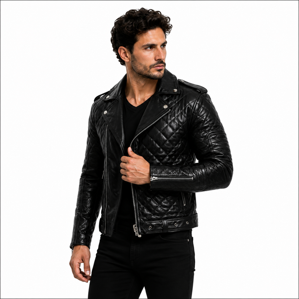 Men's Quilted Black Leather Biker Jacket