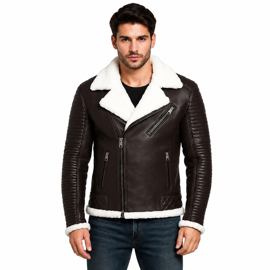 Men's Brown Shearling Leather Biker Jacket Casual Outfit