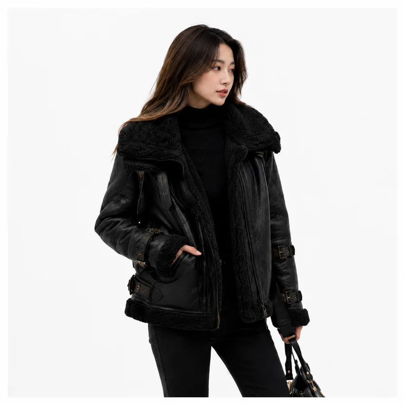 Women's Black Shearling Aviator Jacket Real Leather B3 Bomber