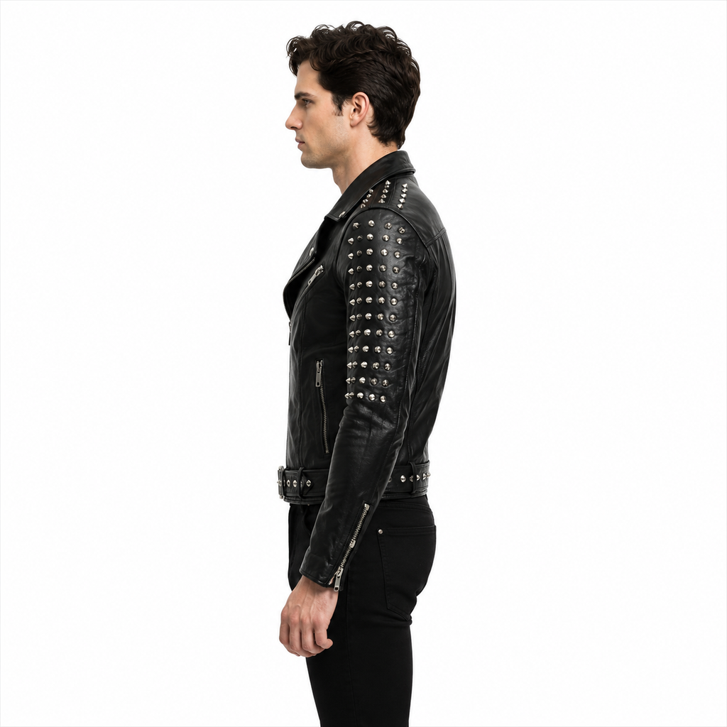 Metal Spikes Detail on Shoulders of Leather Jacket