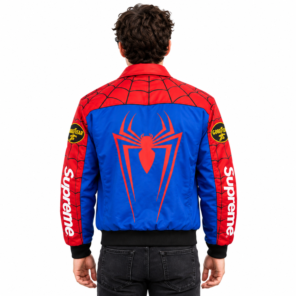 Red and blue racing jacket with motorsport patches and blue side panels