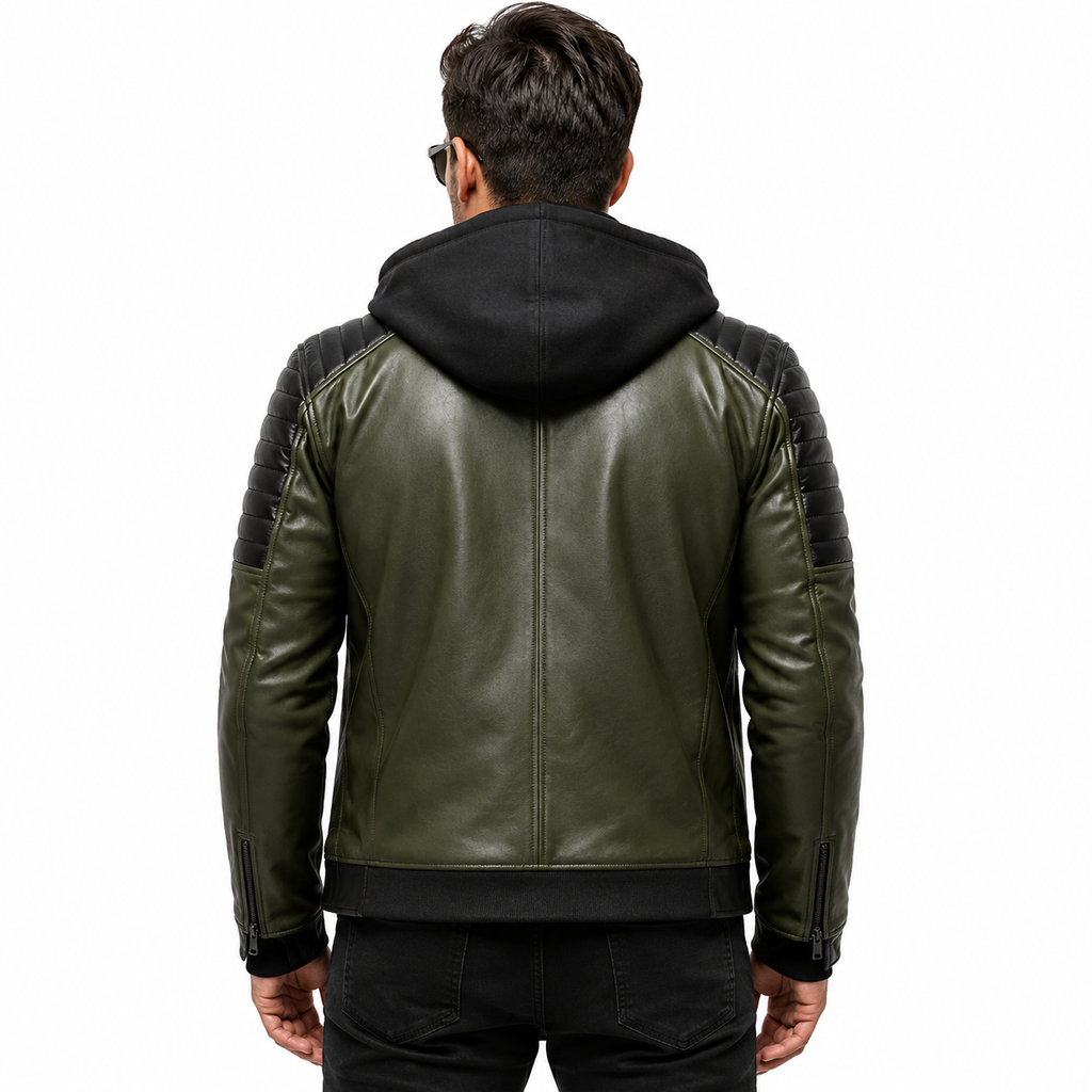 Men's olive green and black hooded leather biker jacket