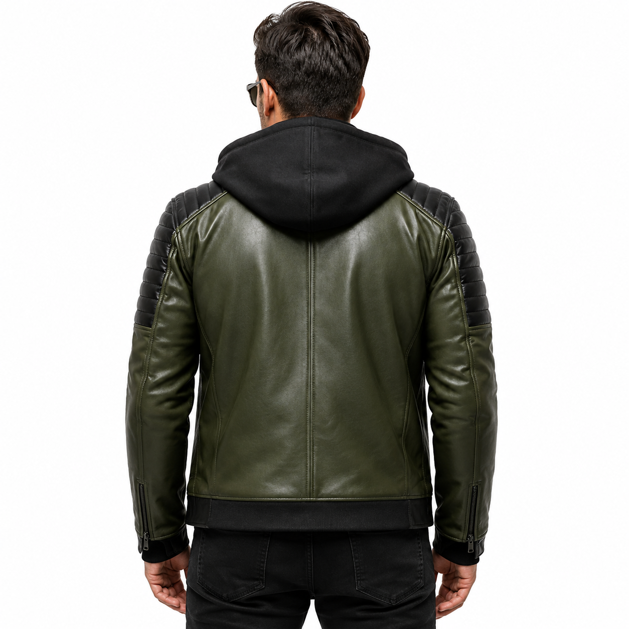 Men's olive green and black hooded leather biker jacket