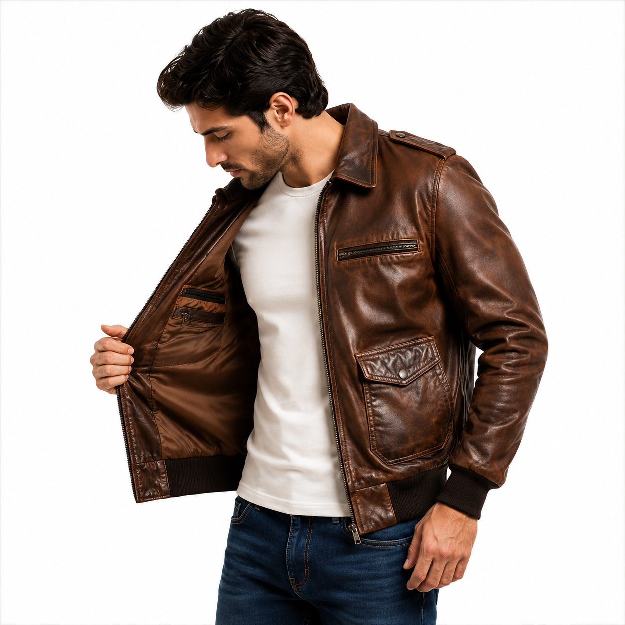 Distressed Leather Bomber Jacket Pocket and Collar Detail
