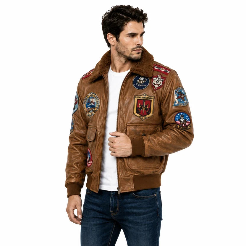 Men's Black Genuine Leather Top Gun Bomber Aviator Jacket