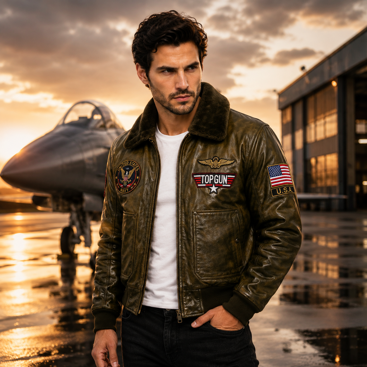 Men's Olive Green Top Gun G-1 Flight Leather Bomber Jacket