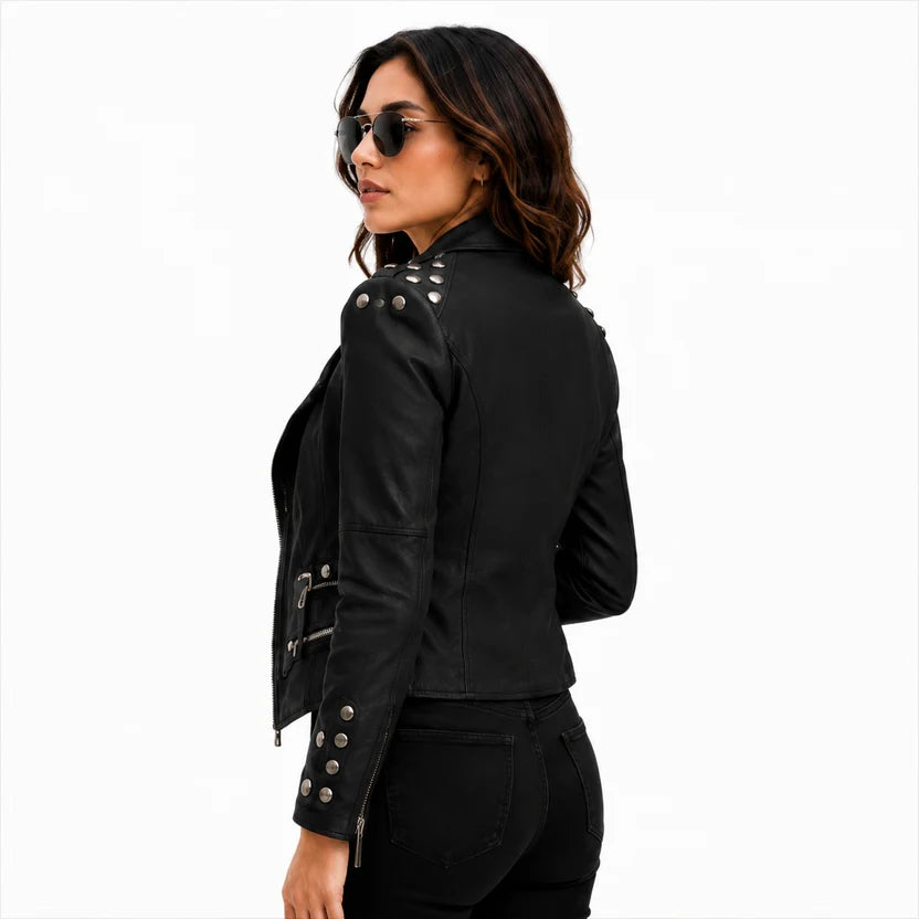 women's black leather biker jacket