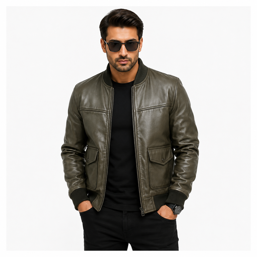 Men's olive green leather bomber jacket