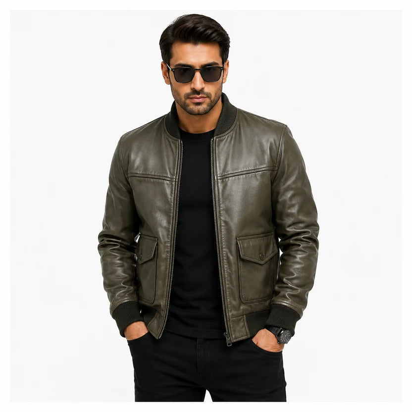 Men's Olive Green Leather Bomber Jacket