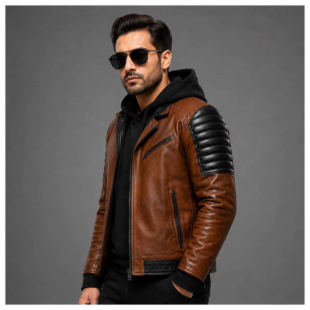 men's brown hooded leather biker jacket