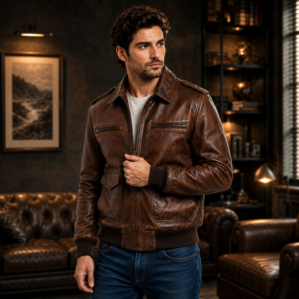 Men's Vintage Brown Leather Bomber Jacket Casual Outfit