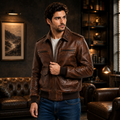 Men's Vintage Brown Leather Bomber Jacket Casual Outfit