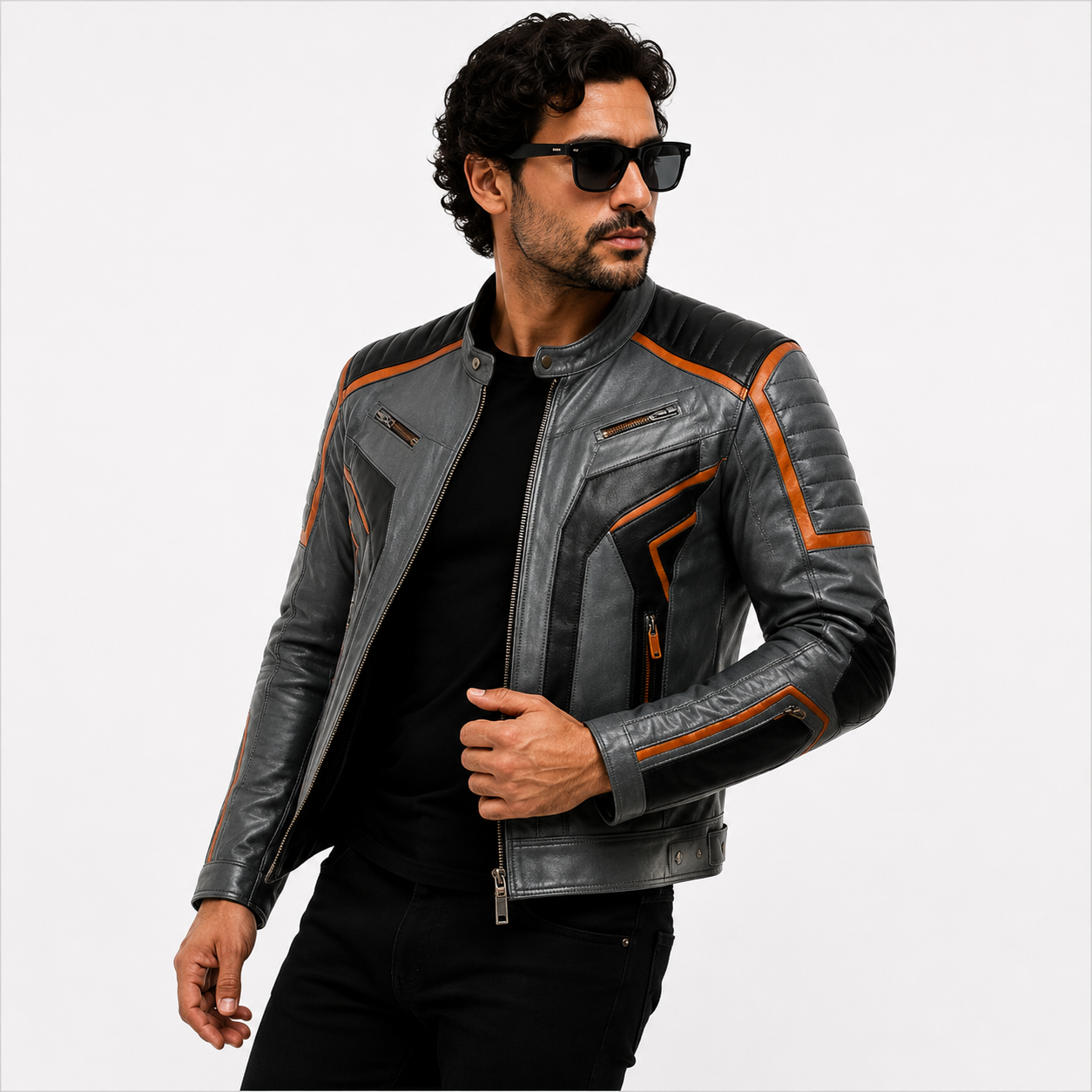 Men's Distressed Grey Cafe Racer Leather Biker Jacket