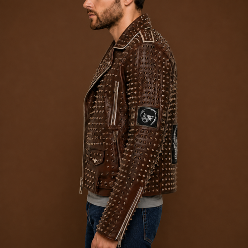 Brown studded leather biker jacket